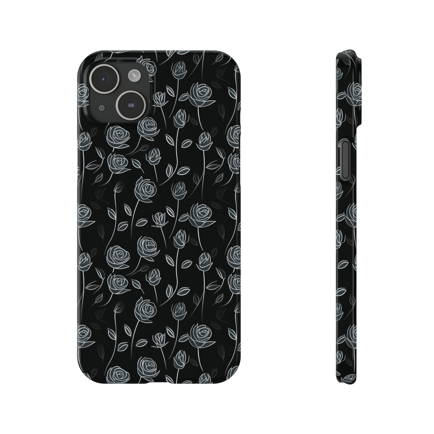 Contrasting Elegance: White Outlined Roses on a Black Background Iphone 15-12 Slim Phone Case