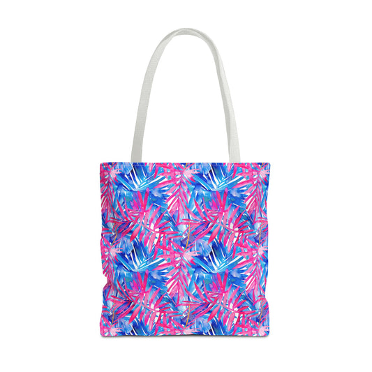 Tropical Harmony Blue and Dark Pink Palm Tree Leaves Canvas Tote Bag 3 Sizes