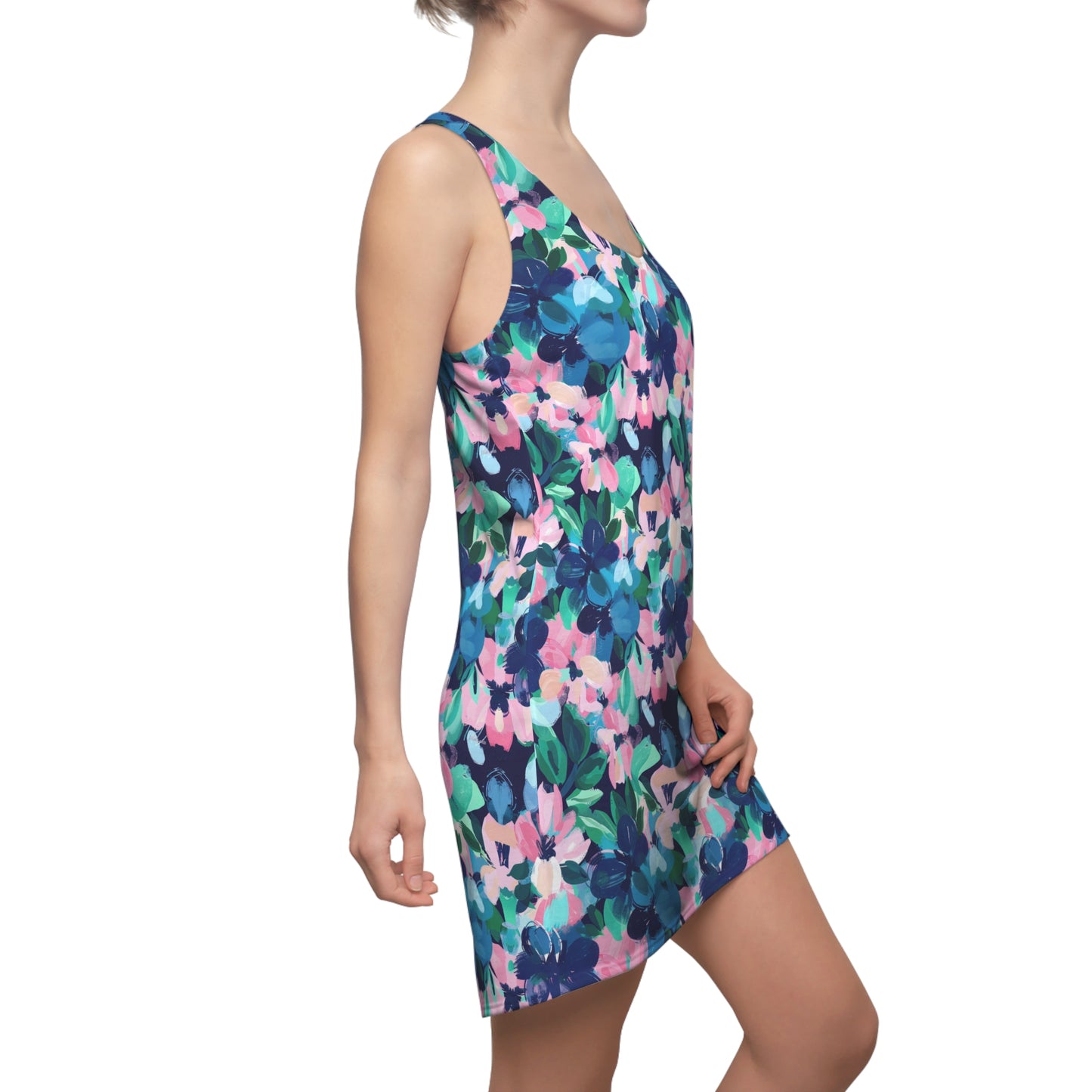 Tranquil Blooms: Muted Blue, Pink, and Green Watercolor Flowers Women's Racerback Dress XS - 2XL