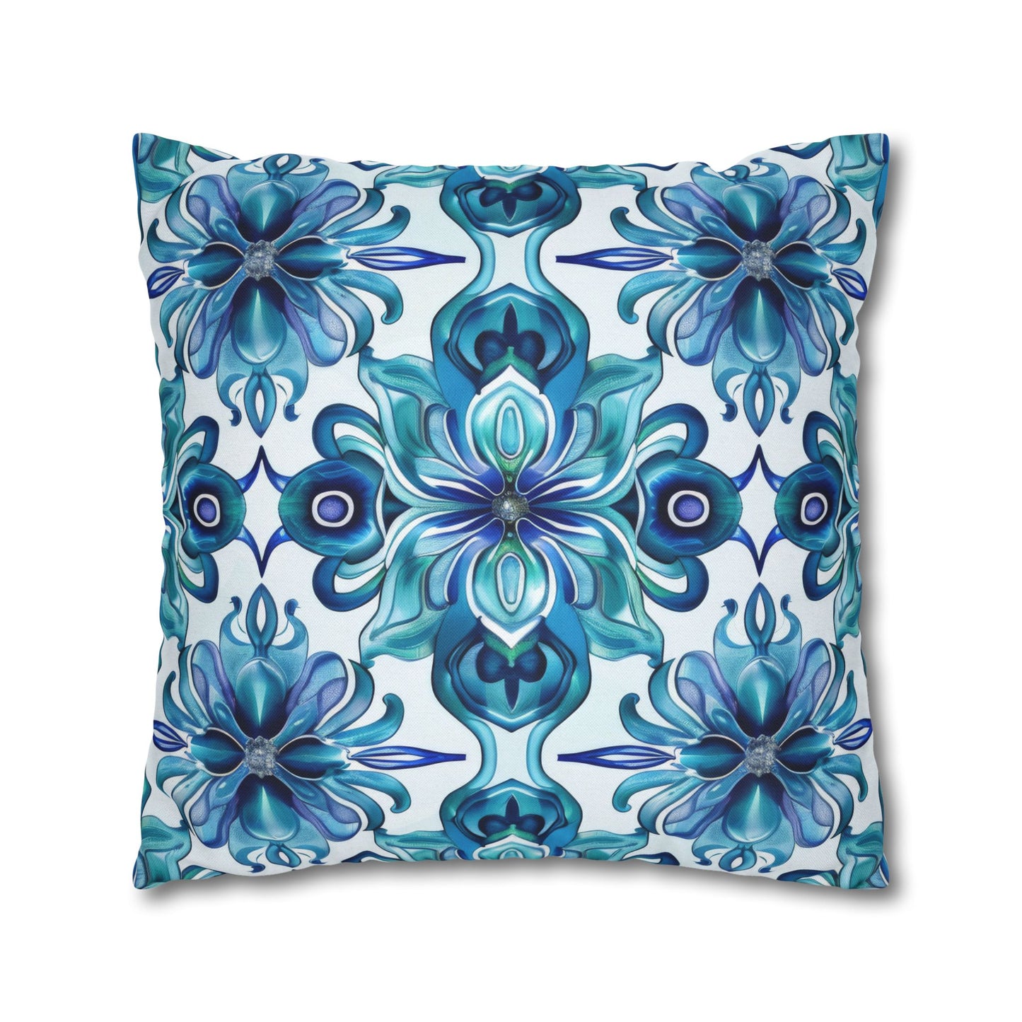 Blossom Symphony of Blue Teal Intricate Floral Pattern Spun Polyester Square Pillowcase 4 Sizes