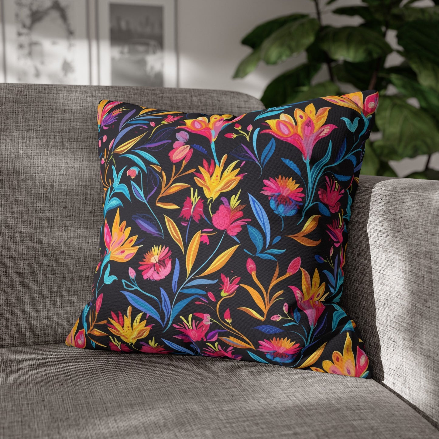 Vibrant Floral Fantasy in Midnight Garden Design Spun Polyester Square Pillowcase 4 Sizes