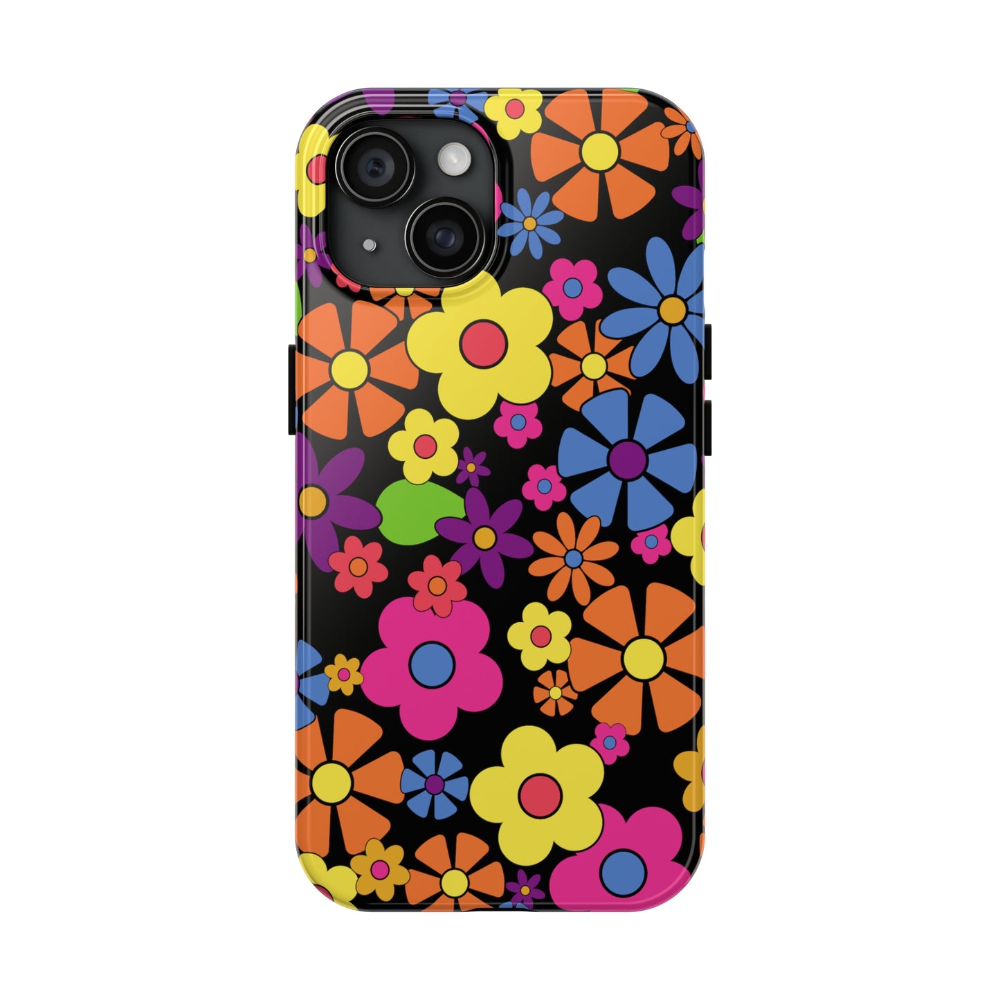 Flower Power Design on Black Background Iphone Tough Phone Case