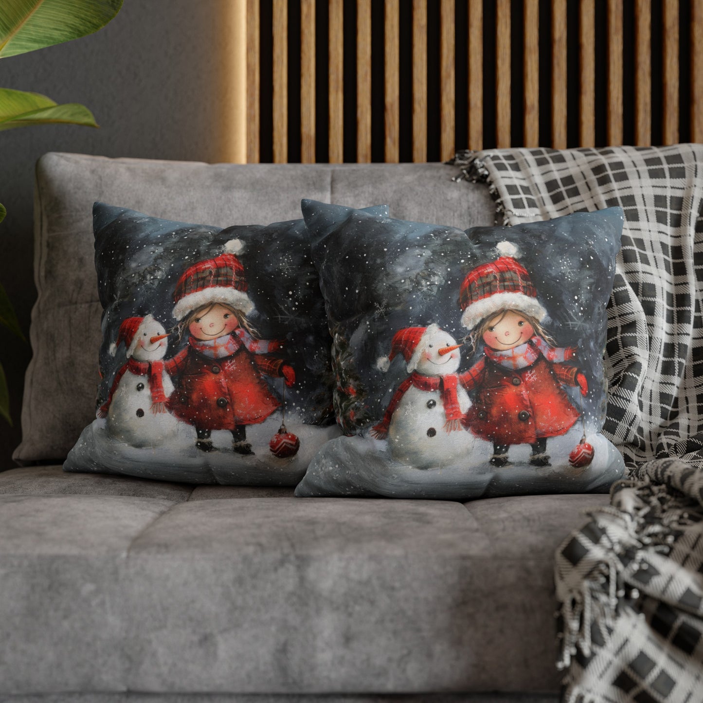 Frosty Friends: Little Girl Standing with Snowman on a Snowy Night Spun Polyester Square Pillowcase 4 Sizes