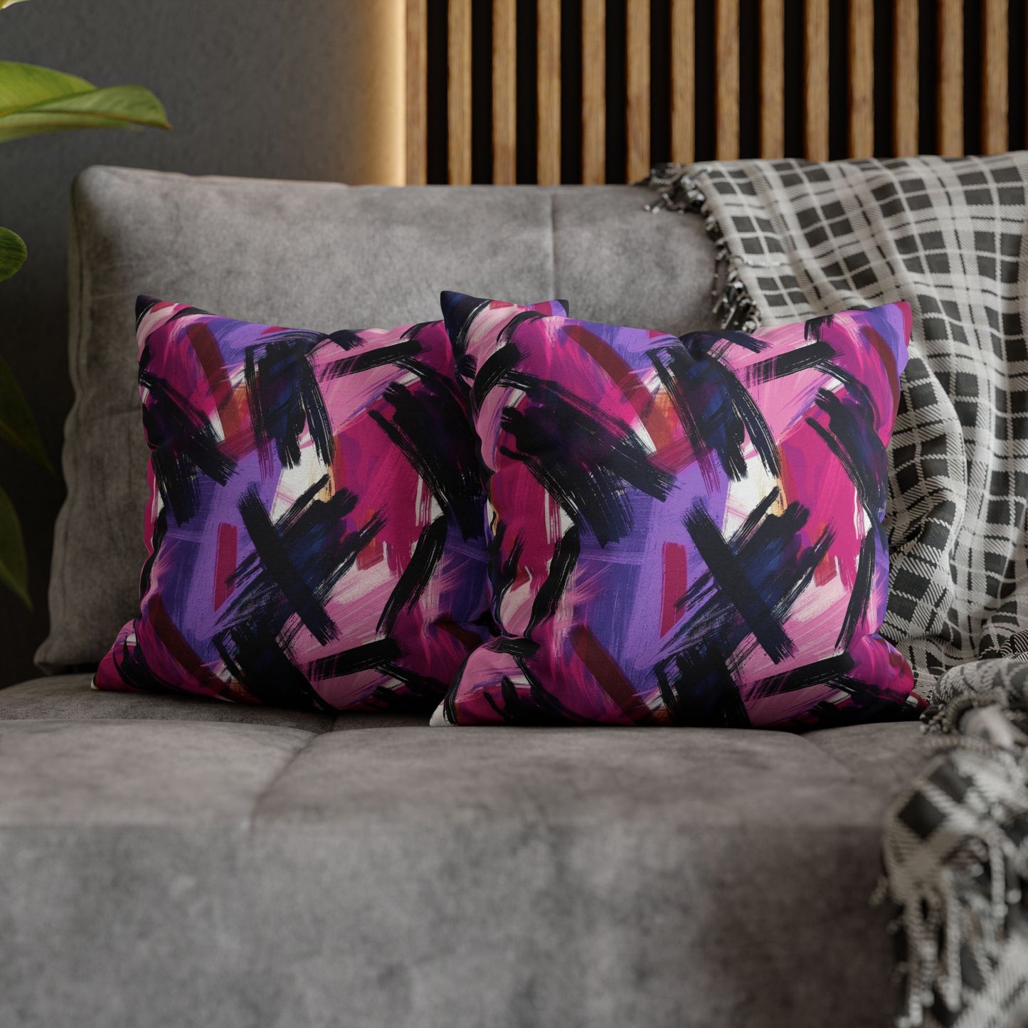 Vibrant Rebellion Brush Strokes in Hot Pink and Cool Purple on a Moody, Dark Background Spun Polyester Square Pillowcase 4 Sizes