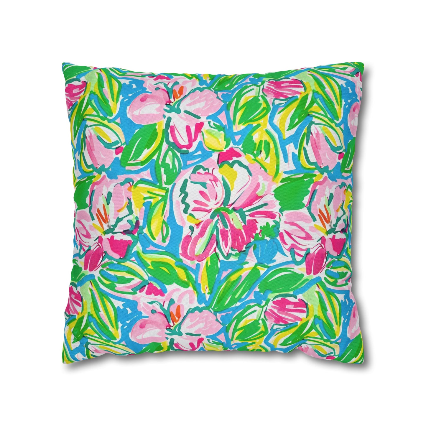 Whispering Meadows: Pink Blossoms, Lush Green Leaves, and Accents of Yellow and Blue Spun Polyester Square Pillowcase 4 Sizes