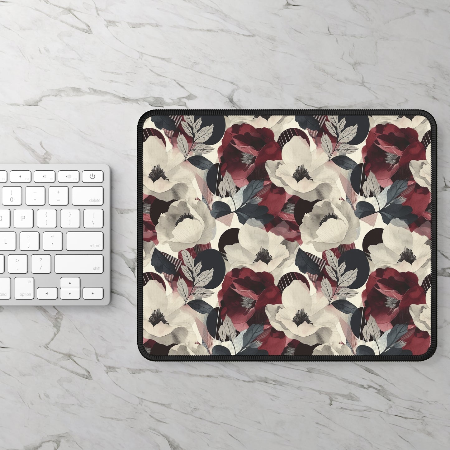 Elegant Vintage Floral Blooms in Wine, Cream and Charcoal Print Gaming Mouse Pad with Finished Edges