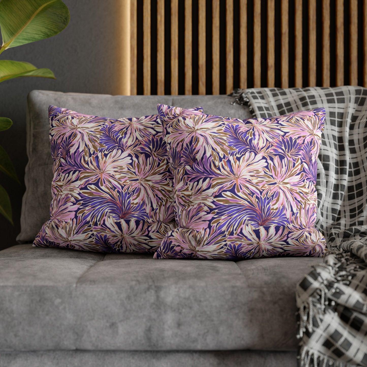 Gilded Blooms: Purple, Pink, and Gold Abstract Watercolor Flowers Spun Polyester Square Pillowcase 4 Sizes