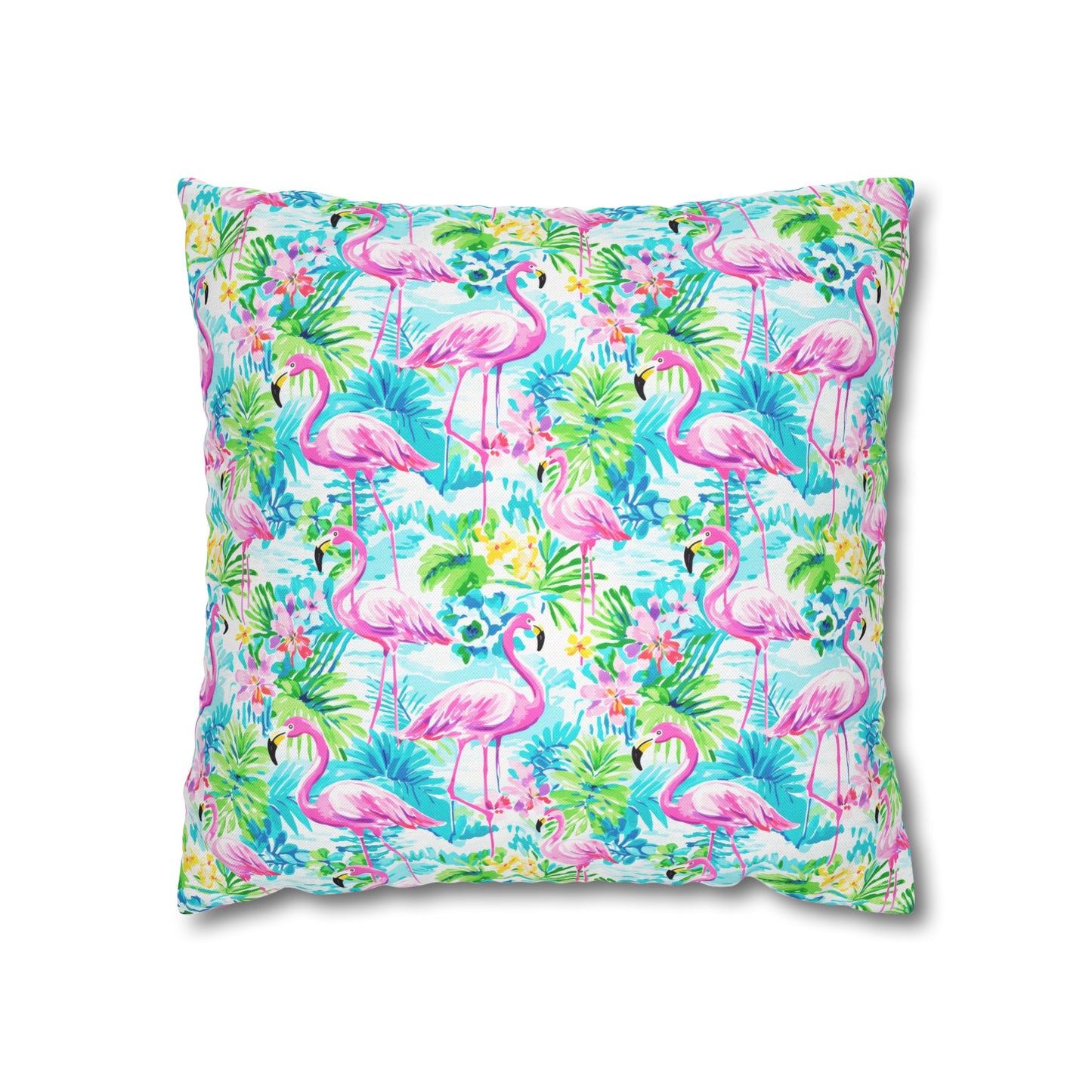 Tropical Flamingo Haven: Surrounded by Flowers and Palm Trees Spun Polyester Square Pillowcase 4 Sizes