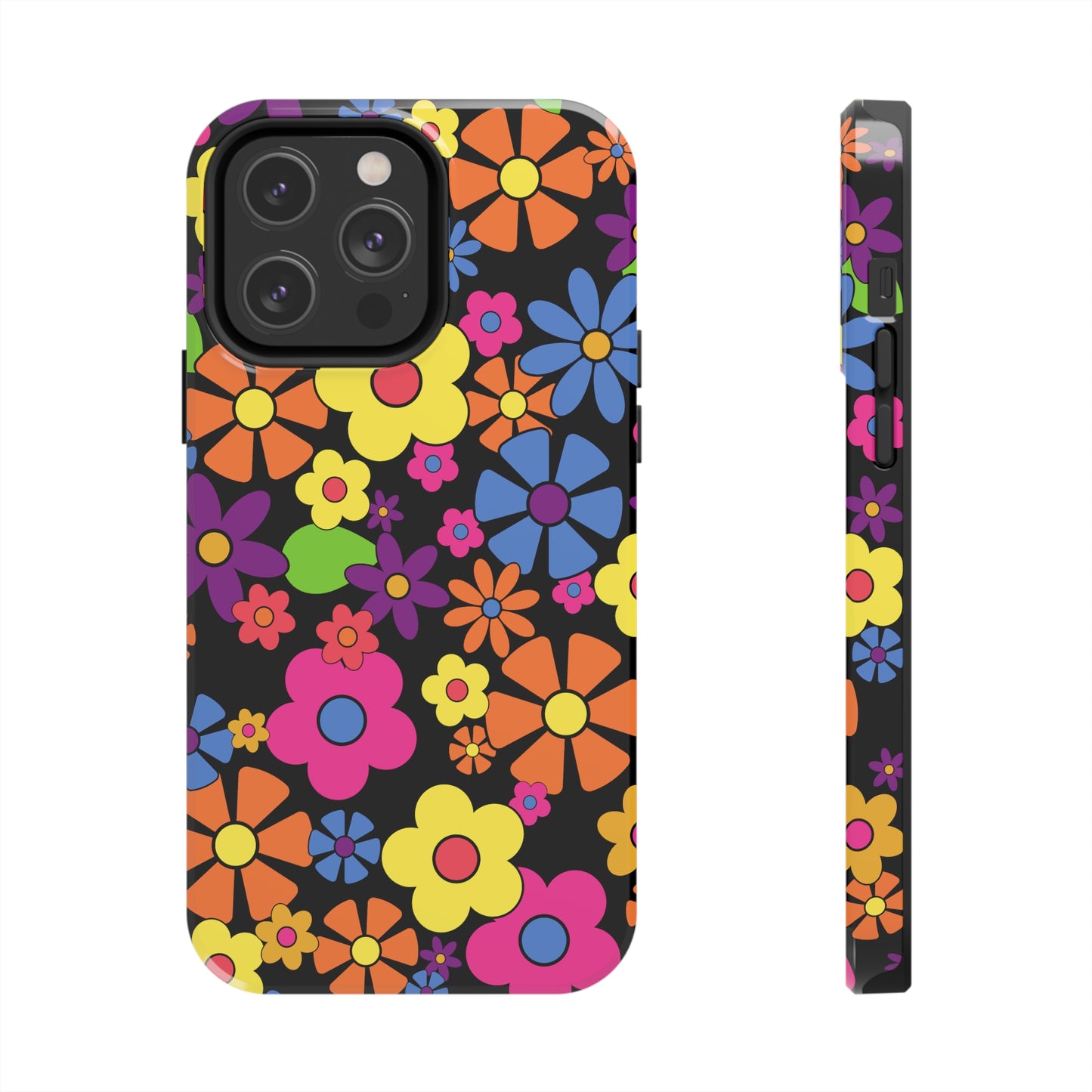 Flower Power Design on Black Background Iphone Tough Phone Case