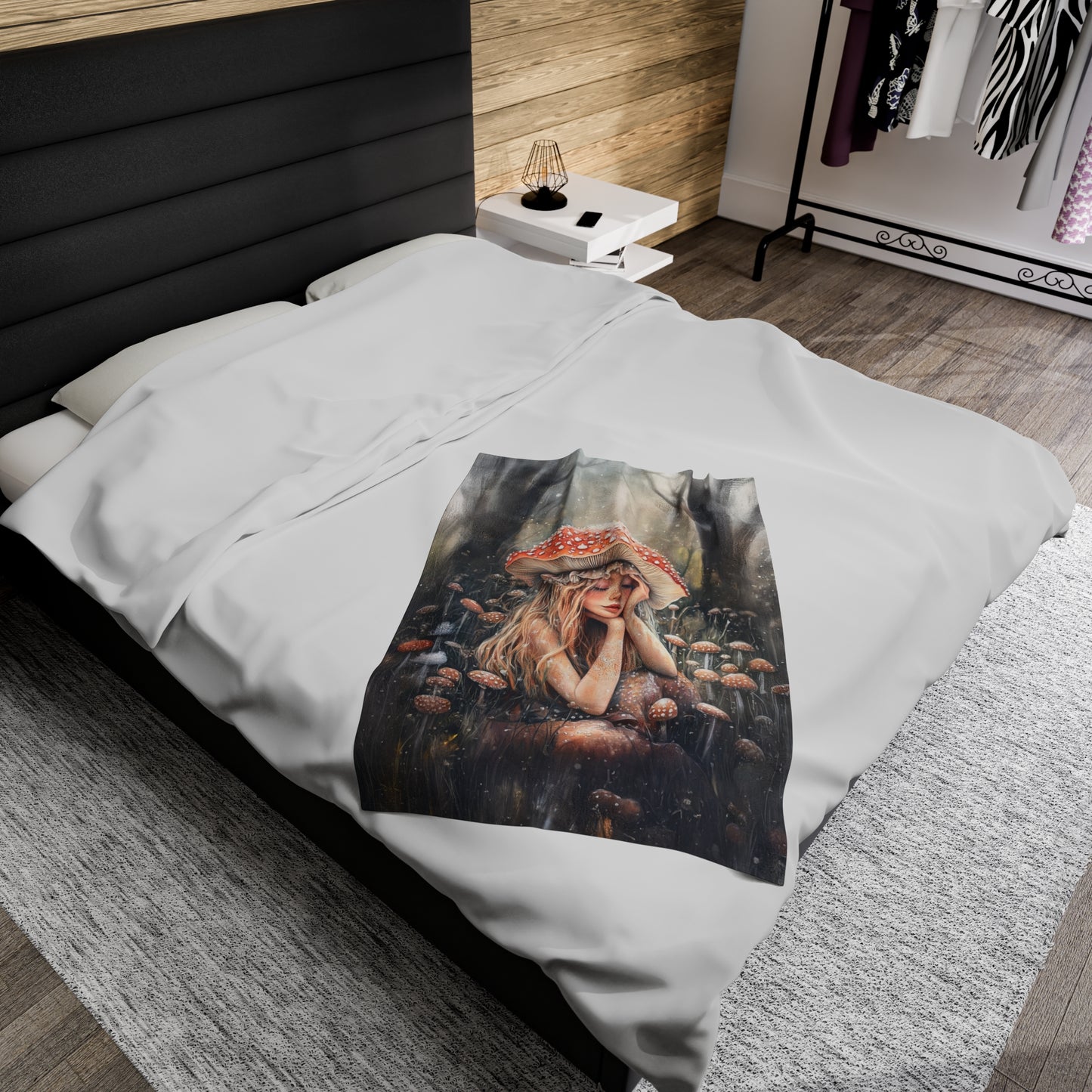 Woodland Nymph Slumbers Beneath a Mushroom's Shade Velveteen Plush Blanket 3 Sizes