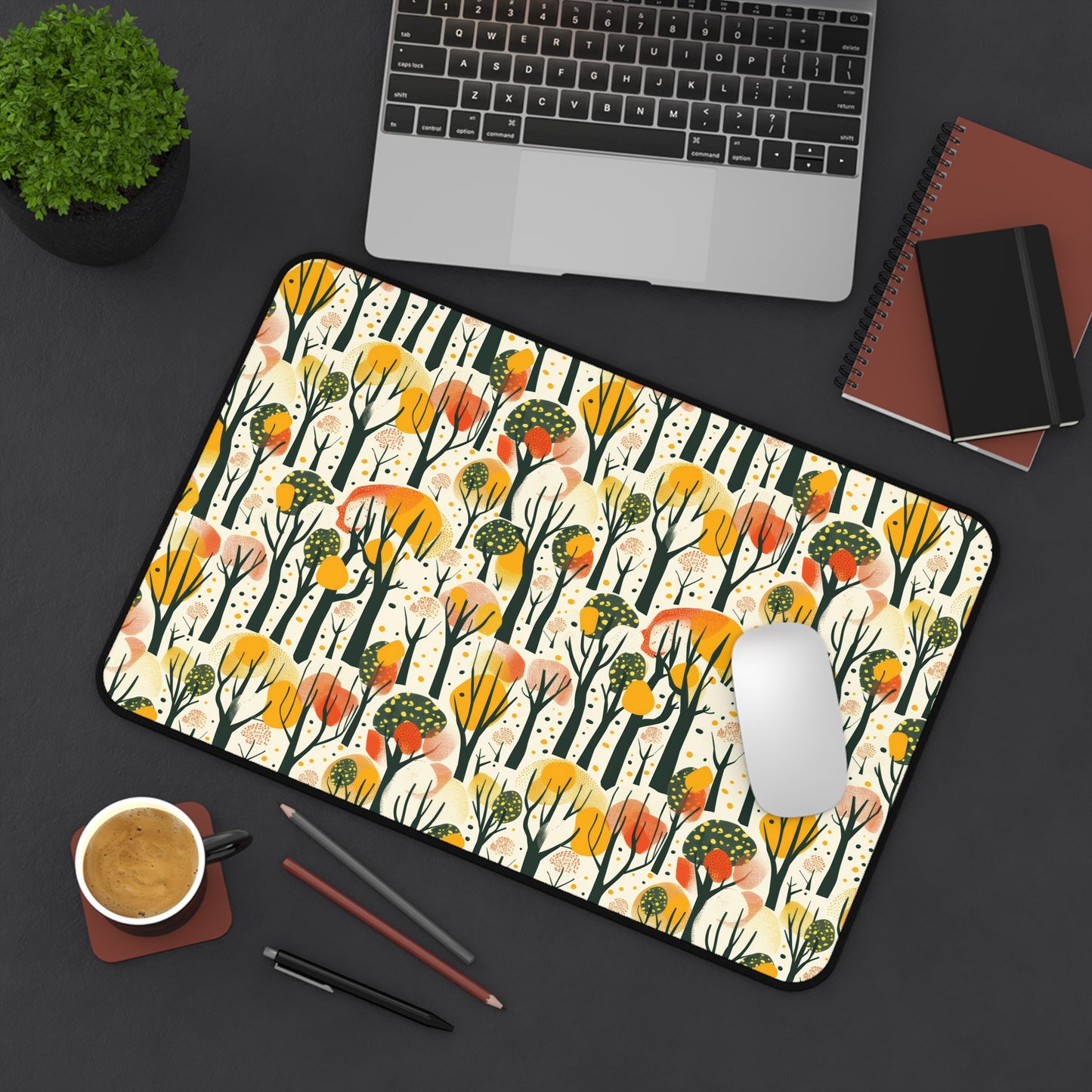 Enchanted Forest of Yellow and Orange Trees on a Speckled Cream Background Extended Gaming Mouse Pad Desk Mat - 3 Sizes