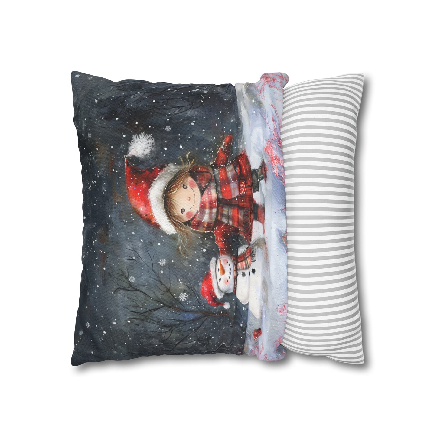 Little Girl and Snowman Sharing Winter's Wonder Spun Polyester Square Pillowcase 4 Sizes