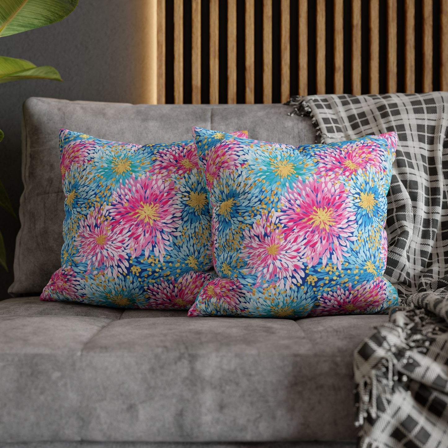 Pastel Harmony: Watercolor Chrysanthemums in Pink, Blue, and Yellow Spun Polyester Square Pillowcase 4 Sizes