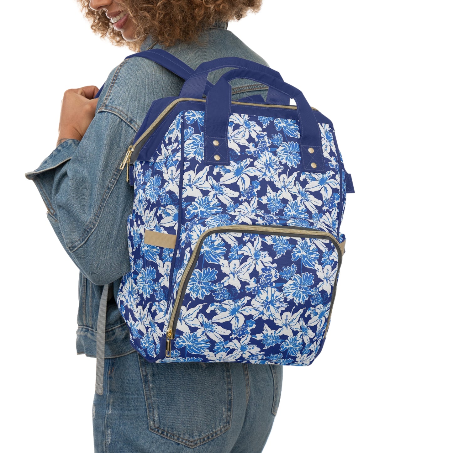 Oceanic Bloom: Watercolor Tropical Flowers in White and Blue against a Deep Blue Background Multifunctional Diaper Backpack