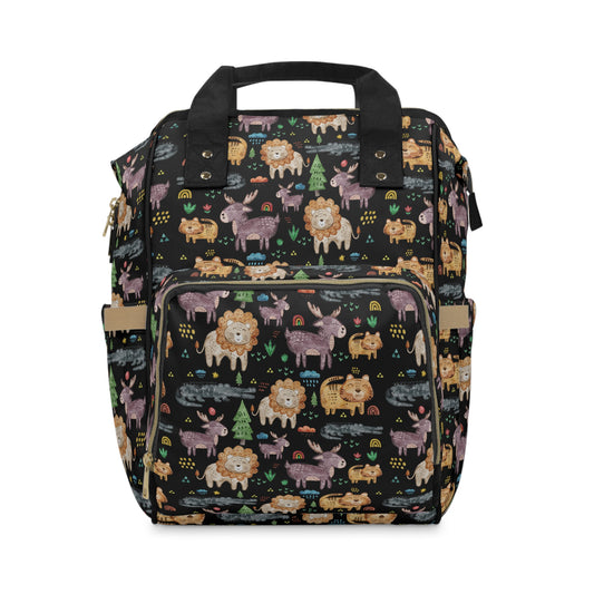 Jungle Jamboree: Kids' Cartoon Lions, Tigers, Alligators, and Reindeer on Black  Multifunctional Diaper Backpack