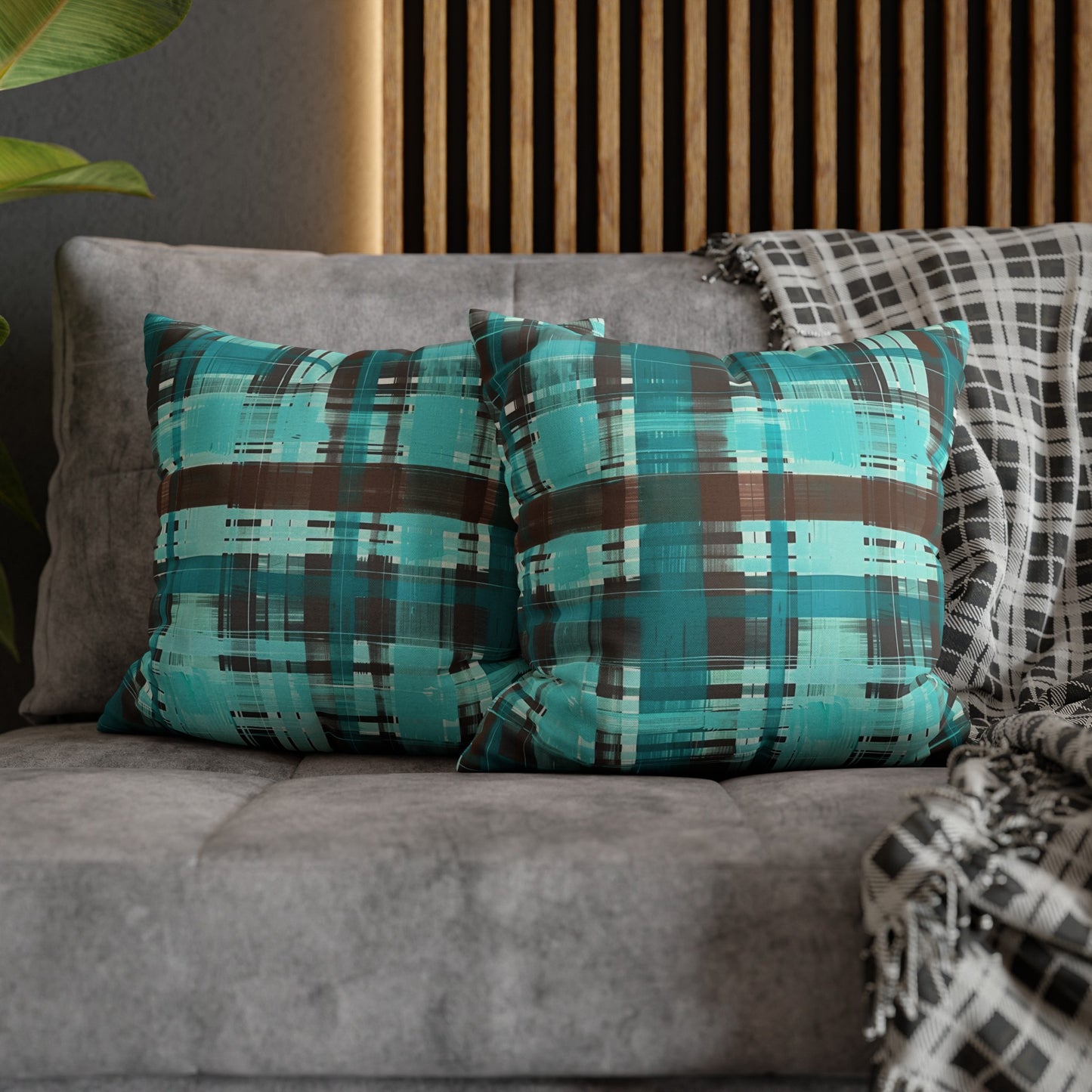 Bold Abstract Watercolor Plaid in Shades of Green and Brown Spun Polyester Square Pillowcase 4 Sizes