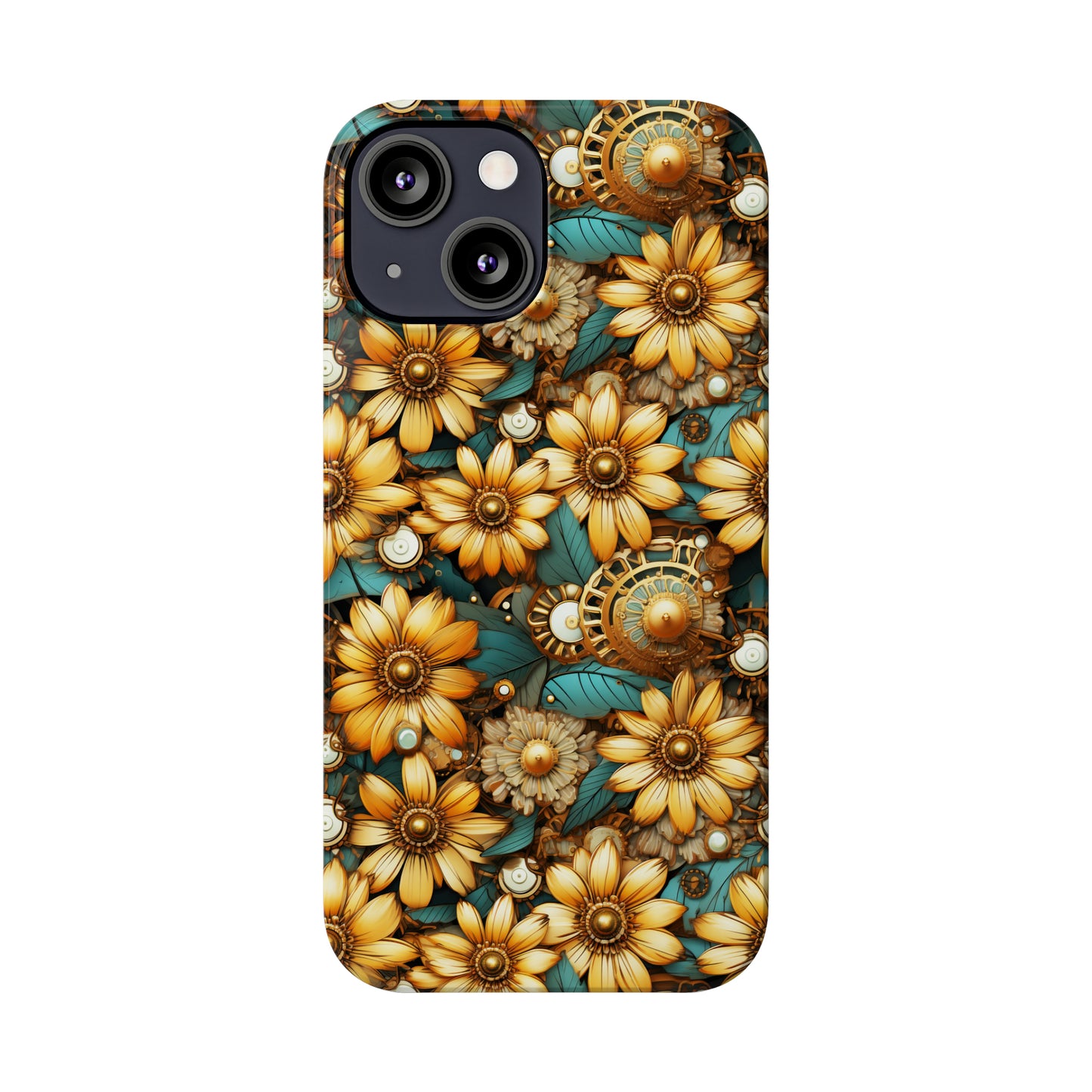 Victorian Steampunk Gold Flowers Teal Background with Gears and Mechanical Elements Iphone 15-12 Slim Phone Case