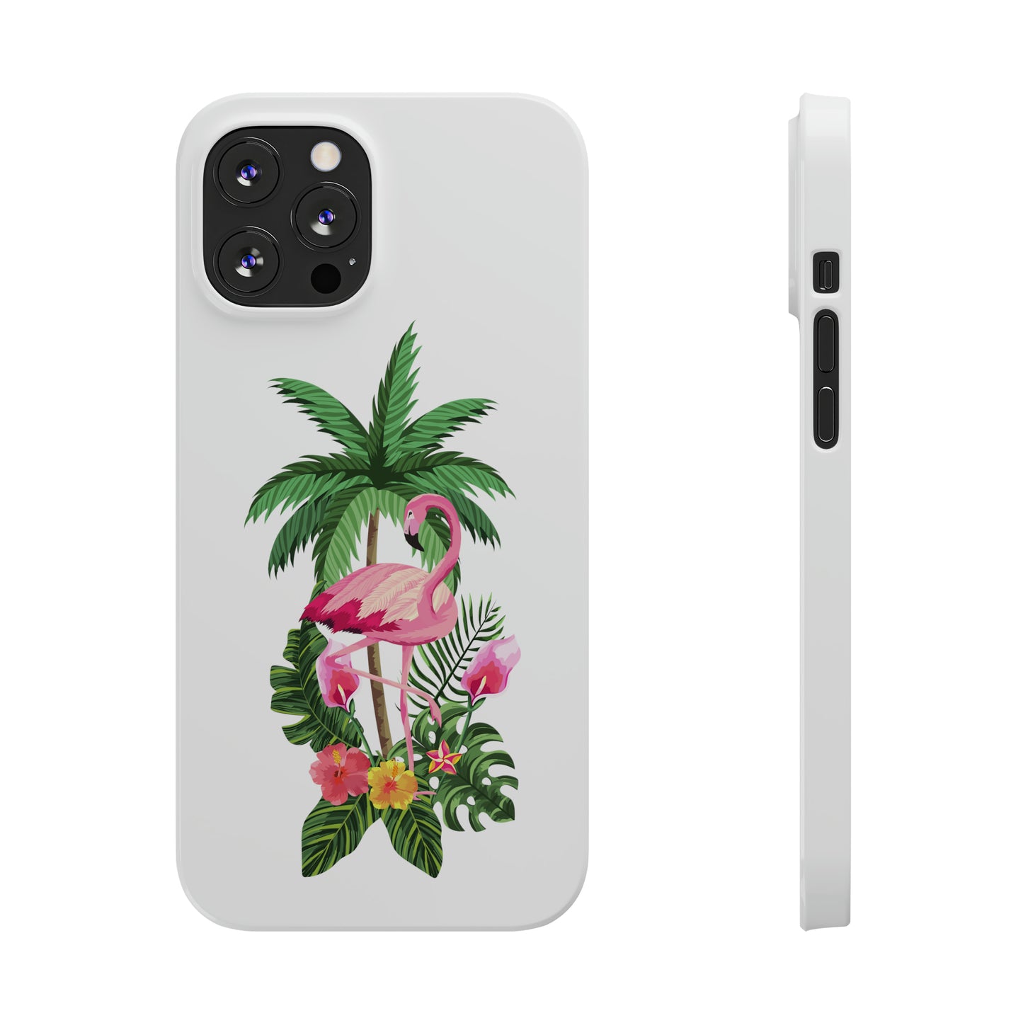 Tropical Pink Flamingo and Flowers White Background Iphone 15-12 Slim Phone Case