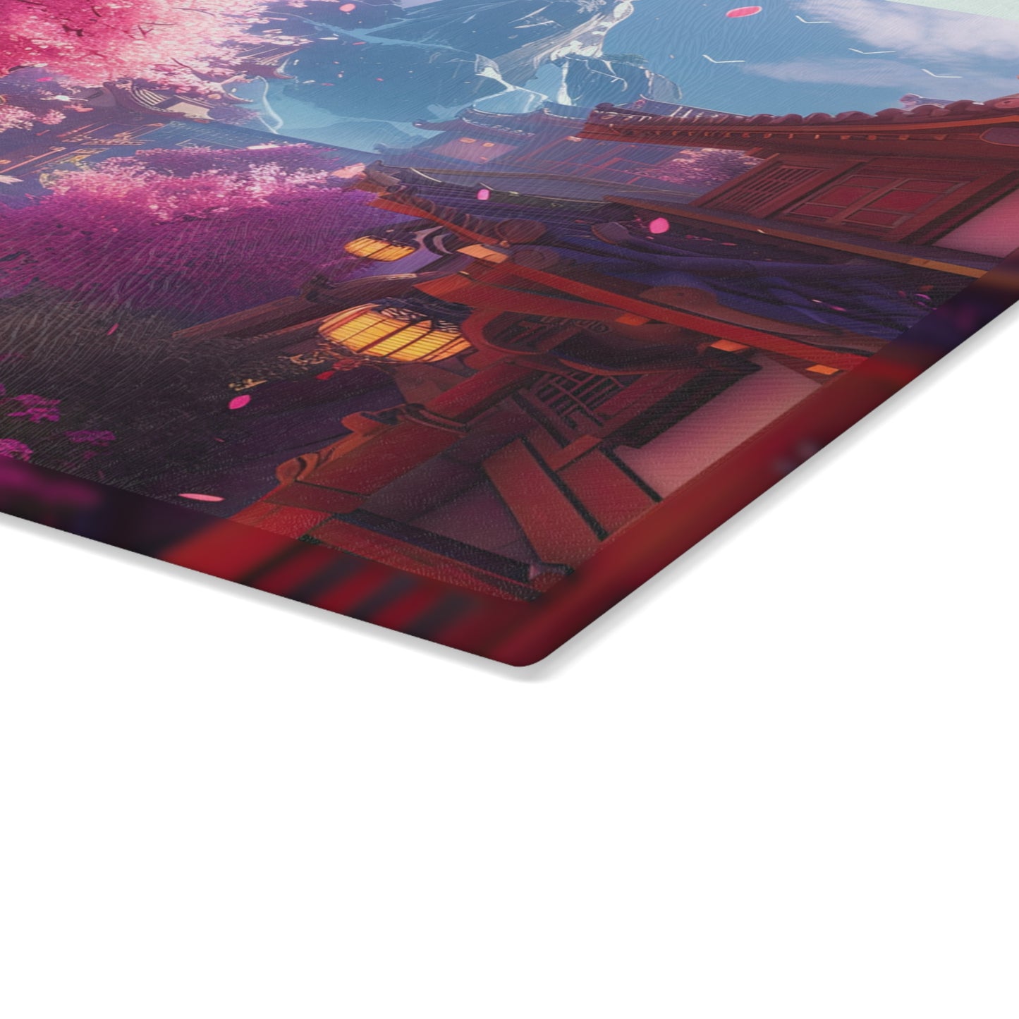 Serene Sakura Village with Tranquil Japanese Cherry Blossom Scene and Mountain View Glass Cutting Board 2 Sizes