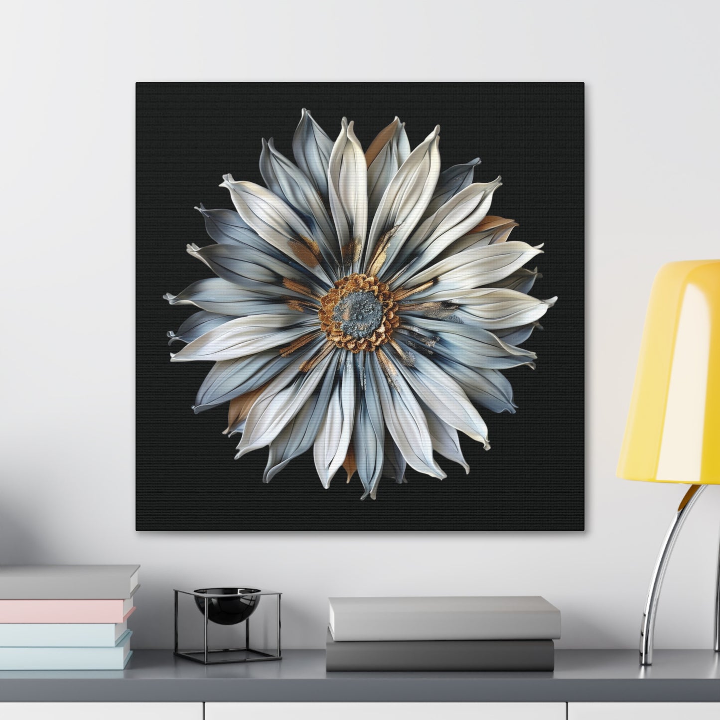 Pale Blue and Gold Sculpted Daisy on Black Background Print on Canvas Gallery Wraps  - 5 Sizes