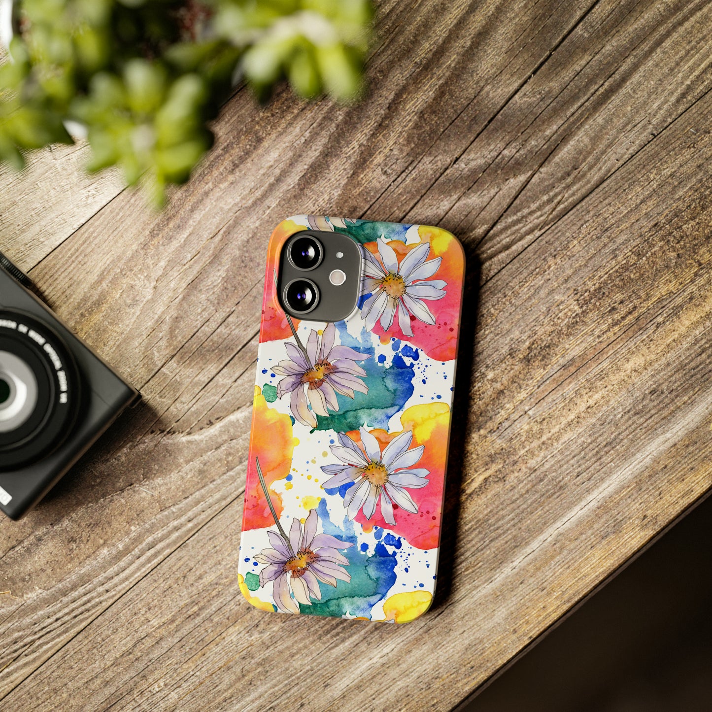 Large Colorful Watercolor Daisy Design Iphone 15-12 Slim Phone Case