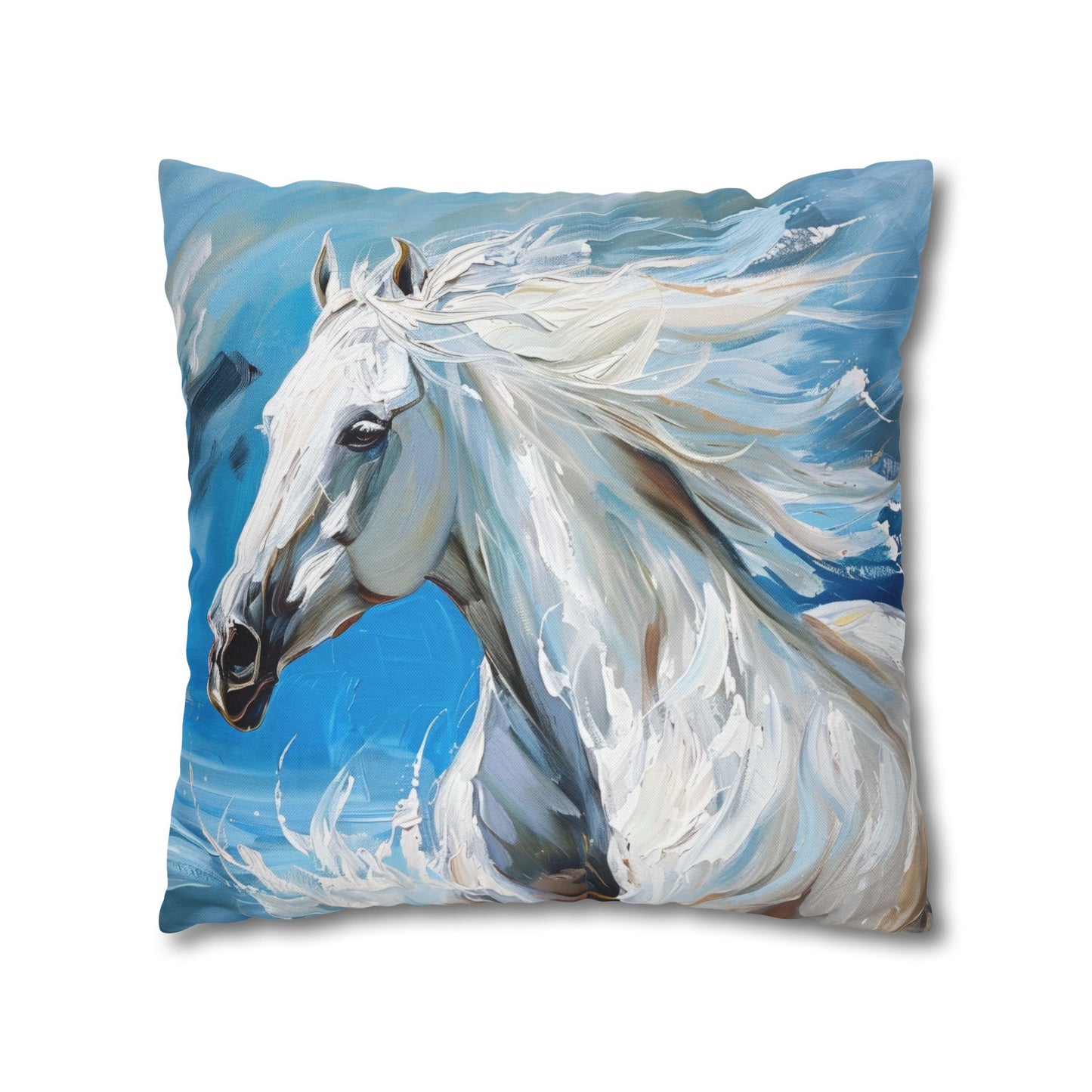 Majestic White Stallion Galloping Along the Oceans Edge Spun Polyester Square Pillowcase 4 Sizes