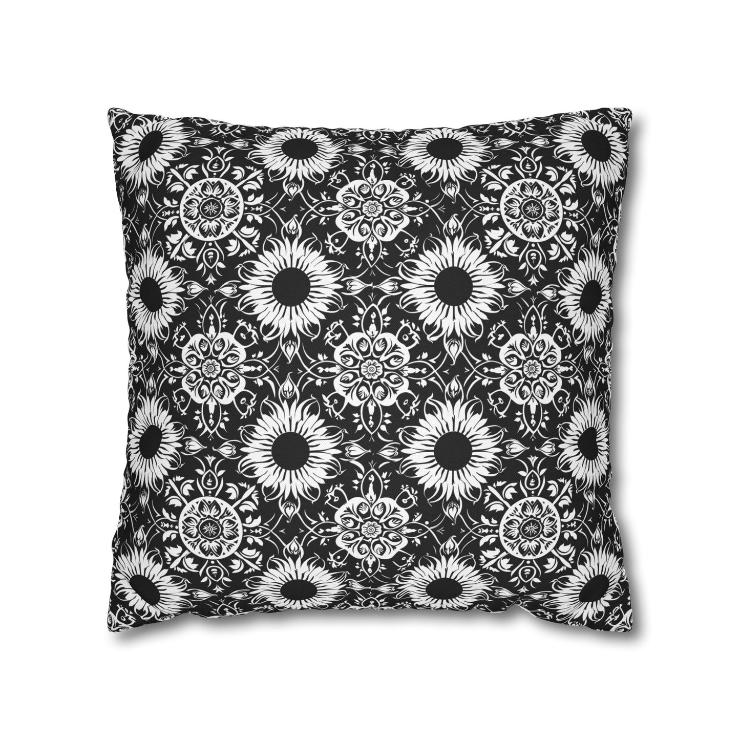 Elegant Mandala Design with Black and White Sunflowers Spun Polyester Square Pillowcase 4 Sizes