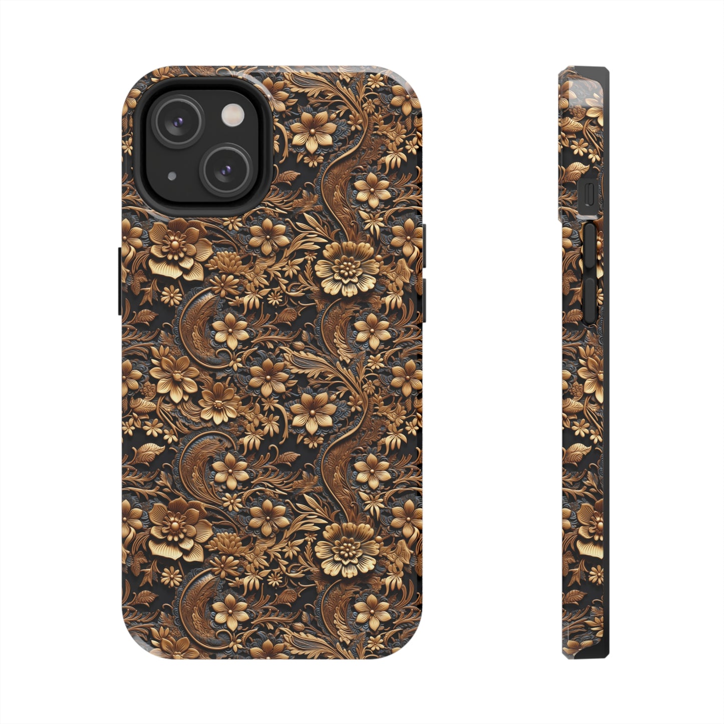 Tooled Leather Large Gold Flowers with Blue Leaf Swirl Accents Print Design Iphone Tough Phone Case