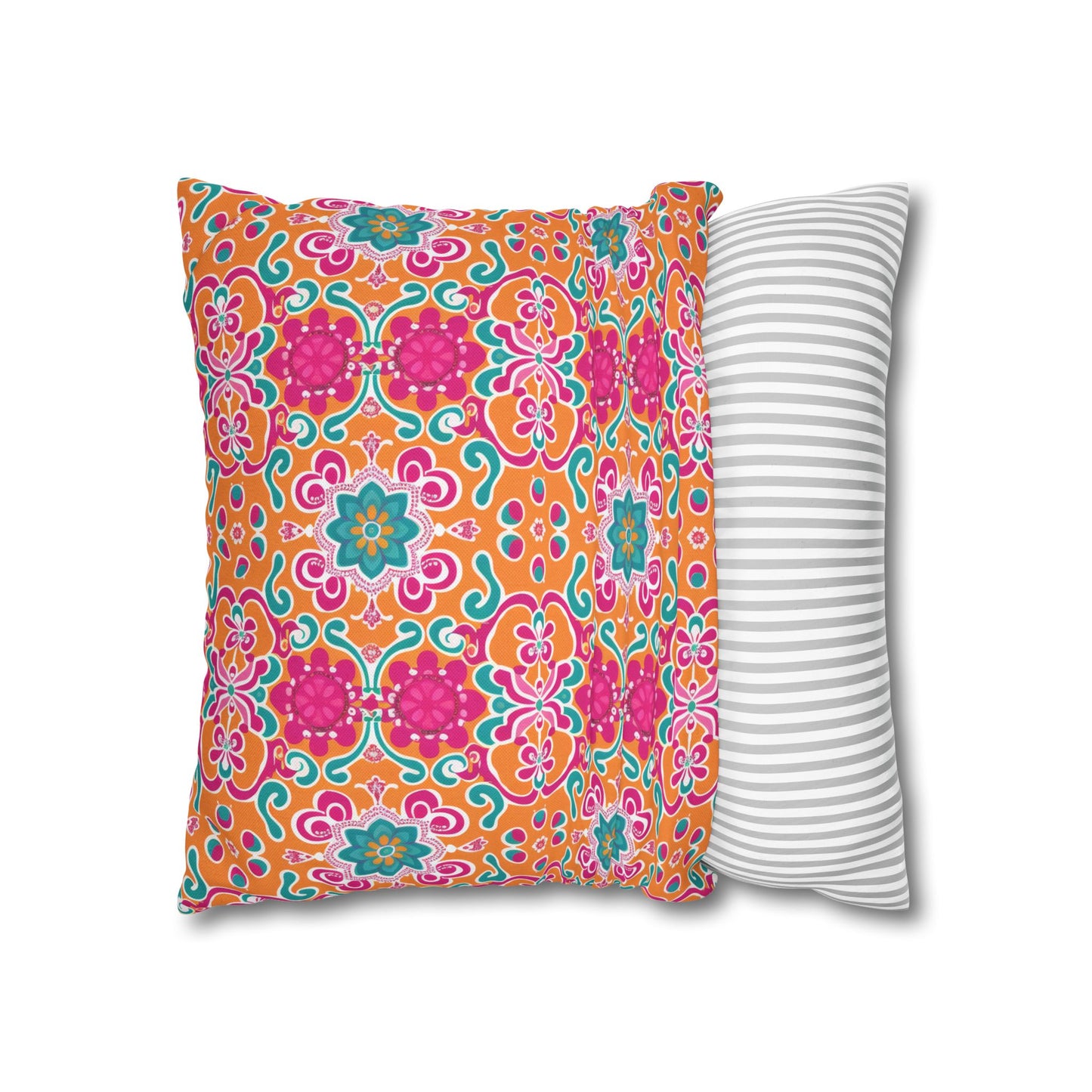 Kaleidoscope of Warm Tangerine, Lush Teal, and Lively Pink Blooms Polyester Square Pillowcase 4 Sizes