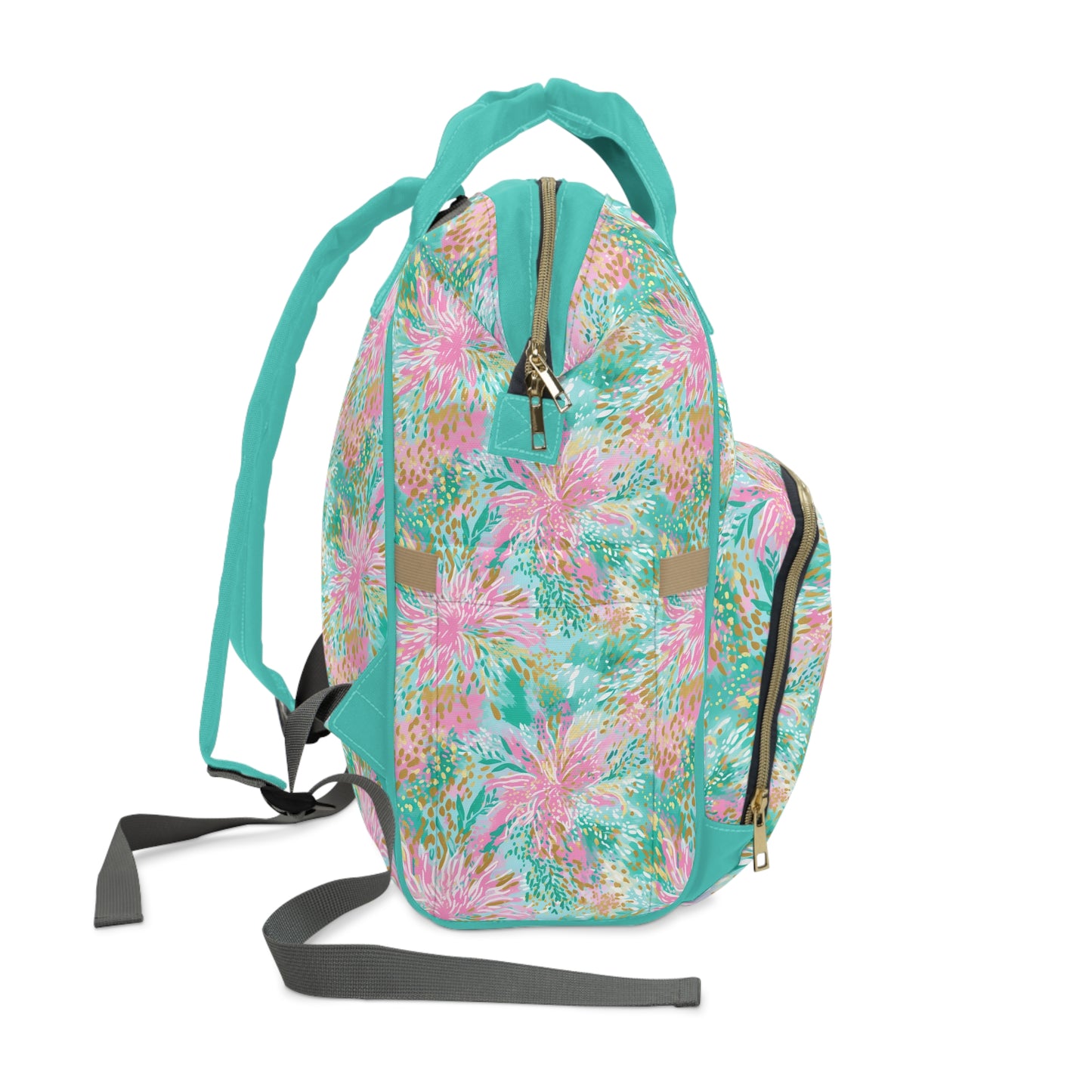 Soft Petal Symphony: Pastel Pink and Green Watercolor Flower Bursts Multifunctional Diaper Backpack