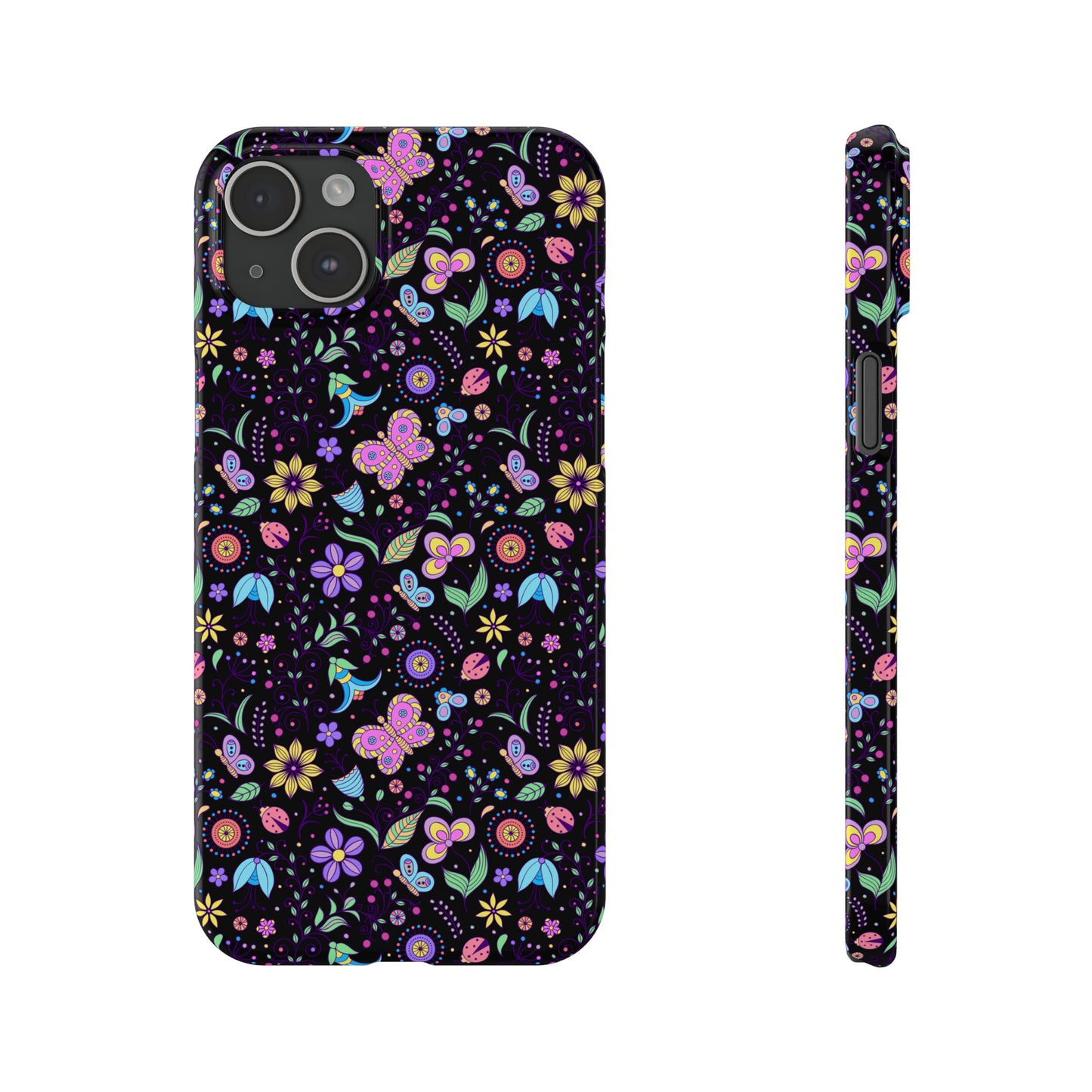 Butterflies and Flowers Black Background Iphone 15-12 Slim Phone Case