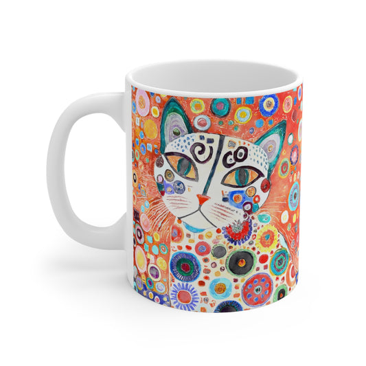 Whimsical Retro Flowers and White Cat in Style of Klimt  - 11 oz Coffee