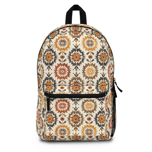 Boho Chic Earth Tone Floral and Folk Art Design in Burnt Orange, Deep Brown, and Creamy Beige Lightweight Stylish Durable Backpack (Made in USA)