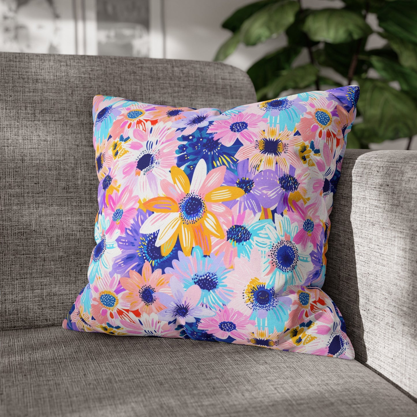 Watercolor Wonderland: Large Colorful Daisies Blooming with Radiance Spun Polyester Square Pillowcase 4 Sizes