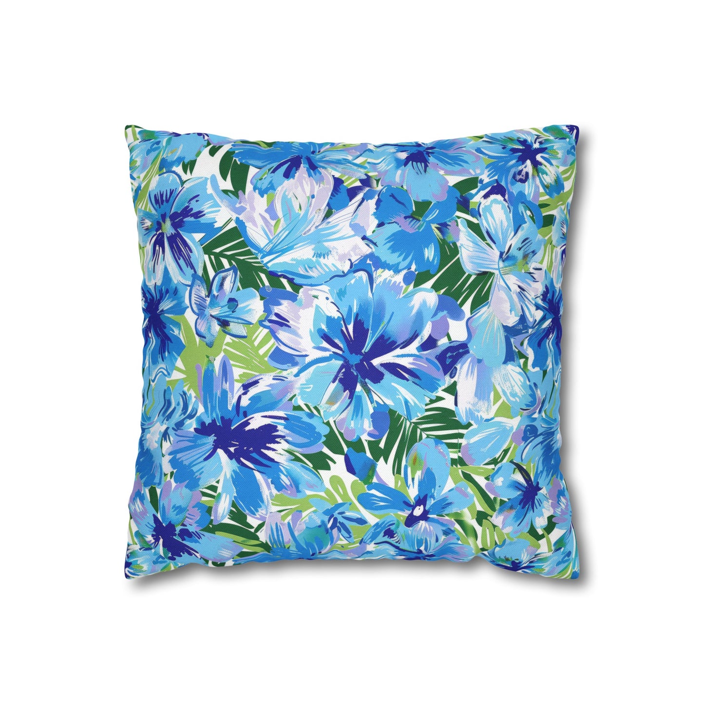 Azure Bloom Oasis: Bright Blue Large Flowers with Lush Green Palm Leaves Spun Polyester Square Pillowcase 4 Sizes