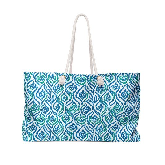 Cool Breeze Elegance: Abstract Damask Pattern in Green and Blue Oversized Weekender Bag