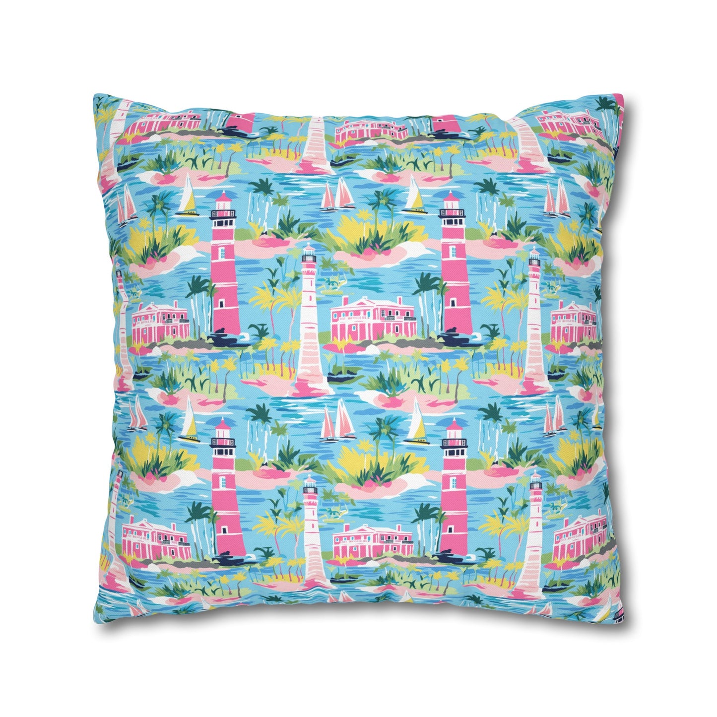 Coastal Charms: Sailboats and Lighthouses Adorning the Coastline Spun Polyester Square Pillowcase 4 Sizes