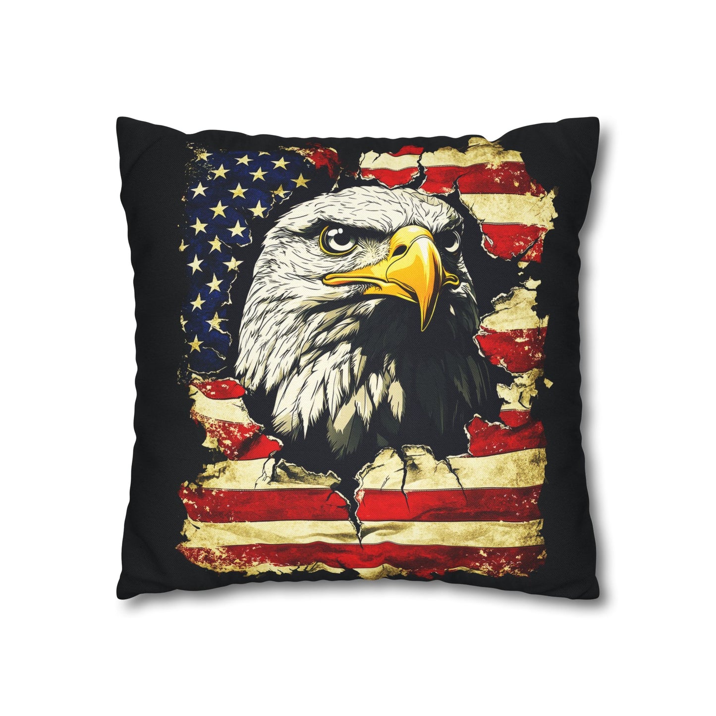 Bold Patriotism American Bald Eagle and Tattered American Flag Spun Polyester Square Pillowcase 4 Sizes