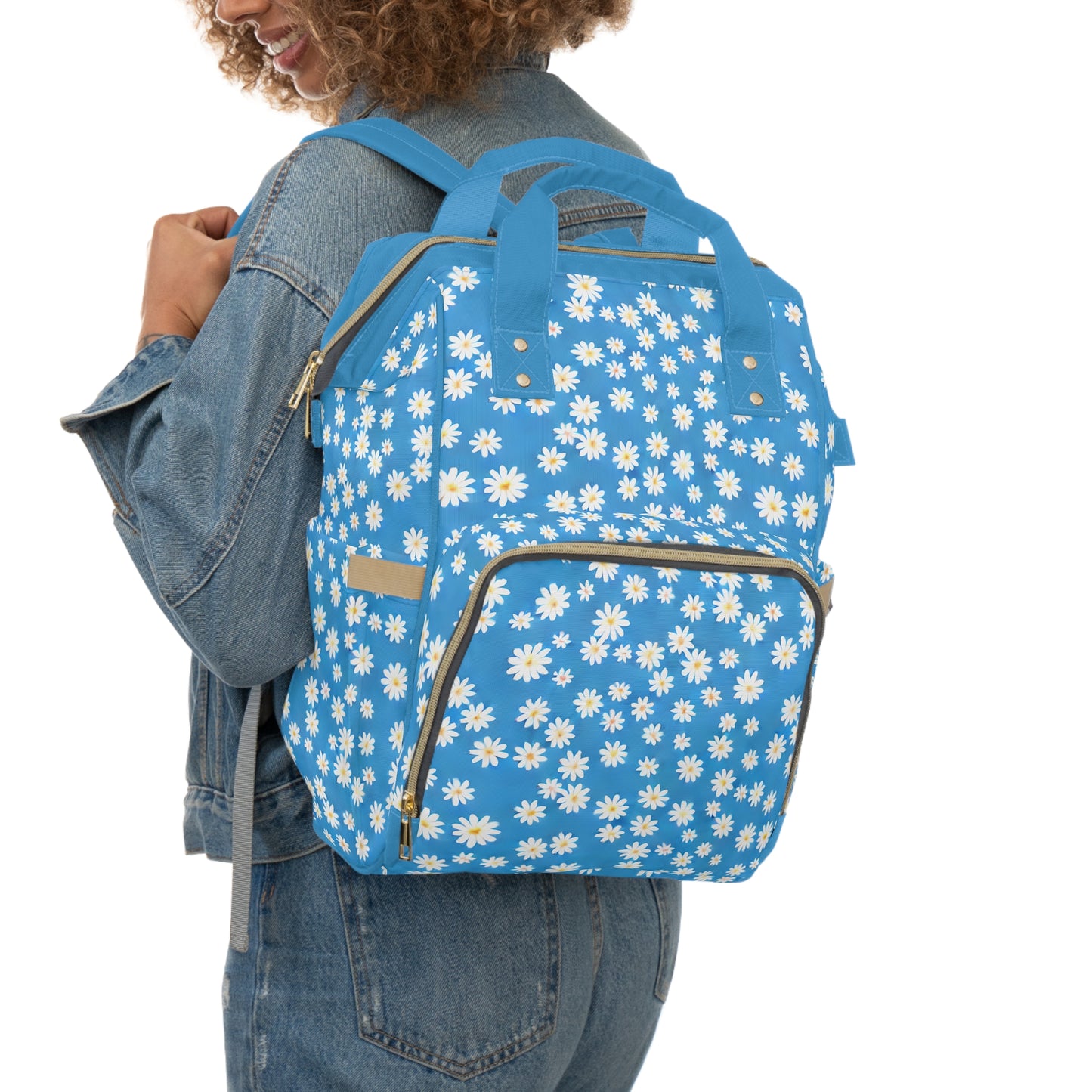 Skys Whisper: Tiny White Daisies on a Serene Blue Multifunctional Diaper Backpack