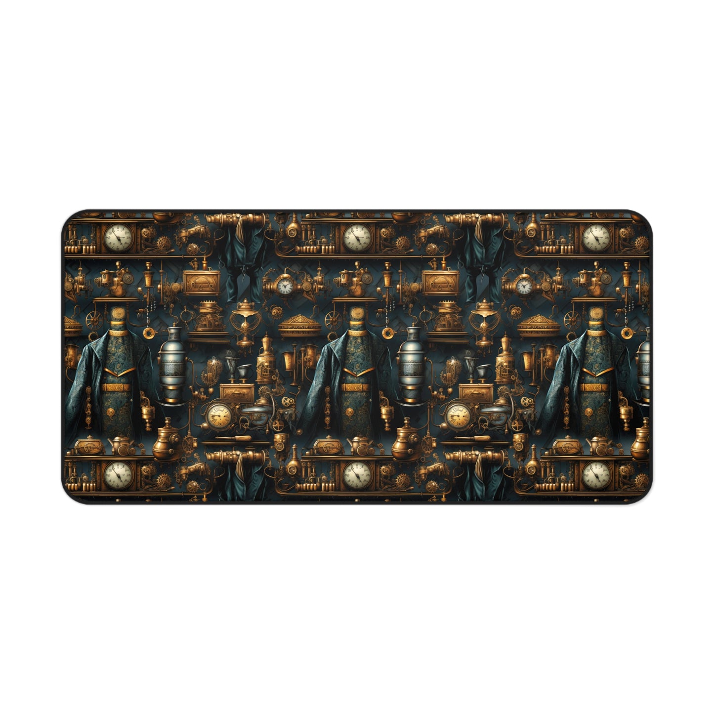 Victorian Steampunk Teal and Gold Clock, Gears and Mechanical Elements - Desk Mat Extended Gaming Mouse Pad 3 Sizes