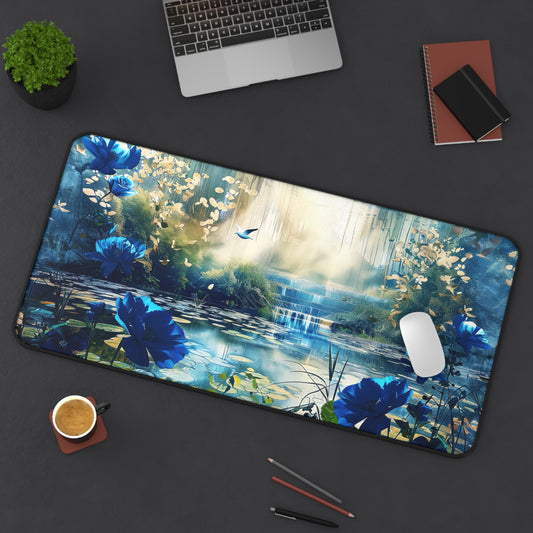 Mystical Blue Lotus Pond with Enchanting Waterfall Desk Mat Extended Gaming Mouse Pad - 3 Sizes