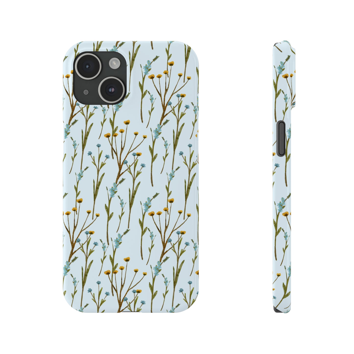 Delicate Blue and Yellow Wildflowers on a Light Blue Background Design Iphone 15-12 Slim Phone Case