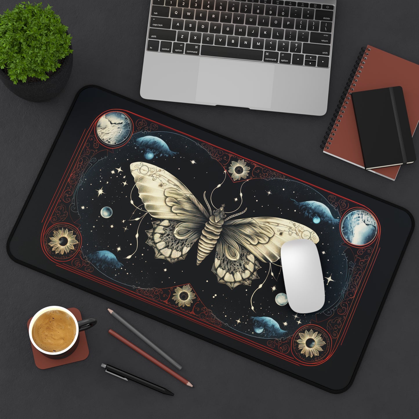 Fantasy Death Moth and Celestial Planets - Desk Mat Extended Gaming Mouse Pad 3 Sizes