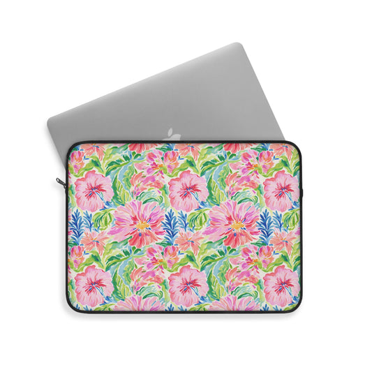 Pastel Oasis: Watercolor Hibiscus Flowers and Palms in Soft Hues Laptop or Ipad Protective Sleeve Three Sizes Available