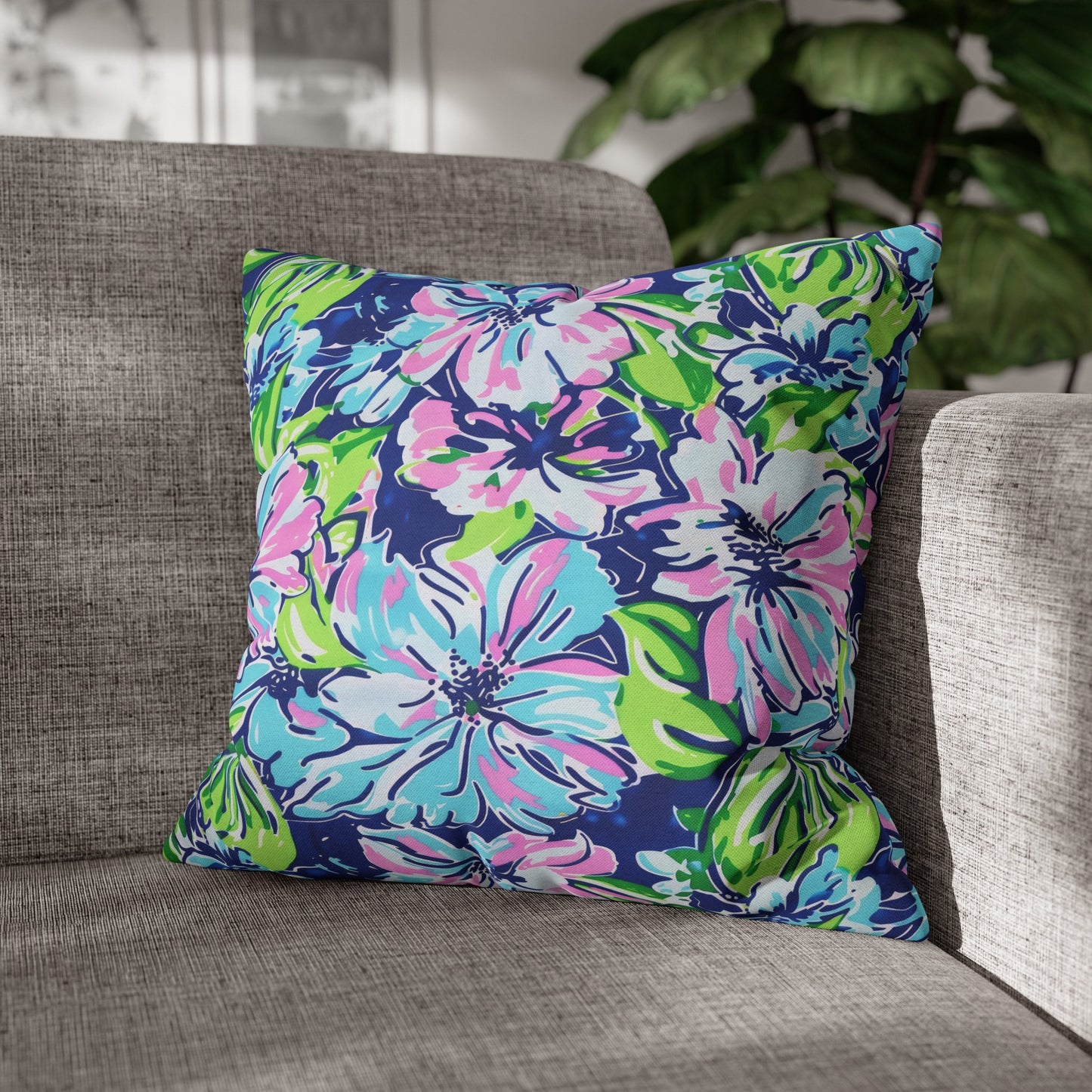 Seaside Coastal Pink, Navy, and Green Tropical Blooms Spun Polyester Square Pillowcase 4 Sizes