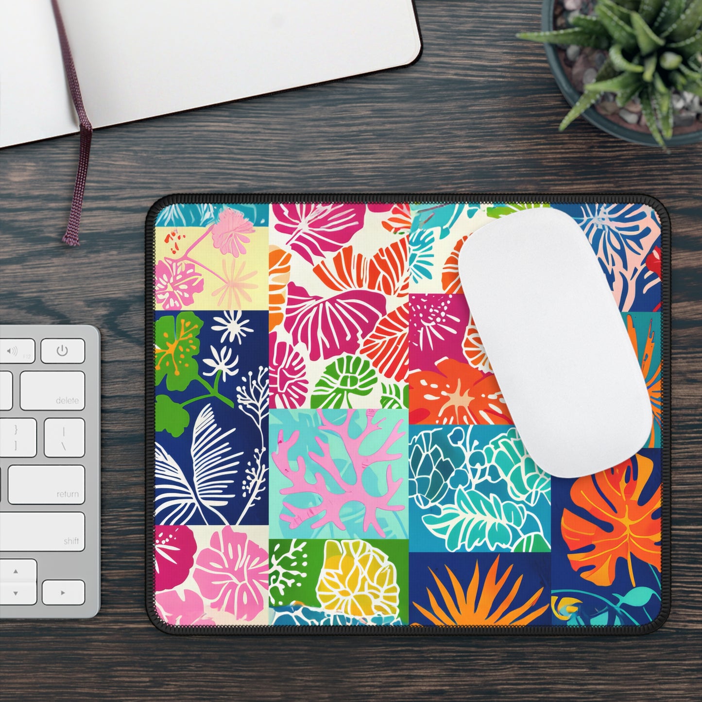 Vibrant Mosaic of Tropical Unique Shapes and Hues, from Vivid Oranges to Deep Blue Leaves and Flowers Mouse Pad with Finished Edges