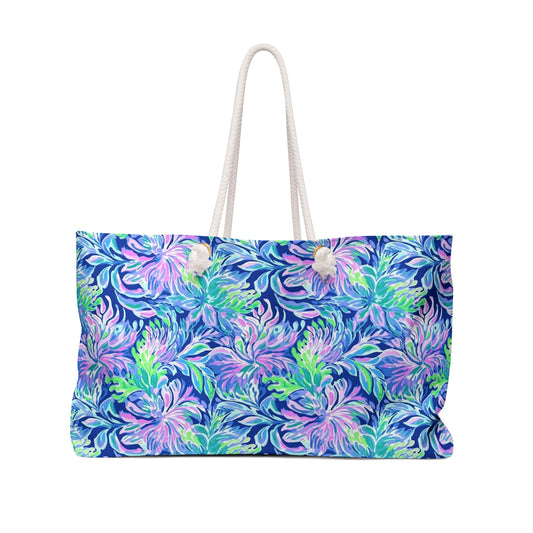 Seaside Serenade: Coastal Pink, Navy, and Green Tropical Blooms Dancing Oversized Weekender Bag