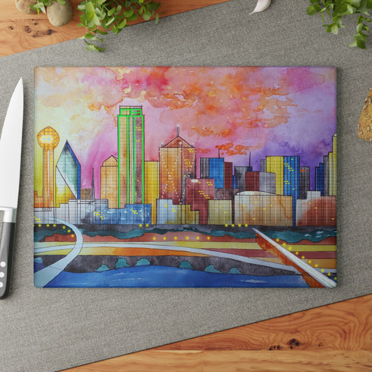 Dallas Skyline Abstract Design - Glass Cutting Board  8" x 11" and 11" x 15"