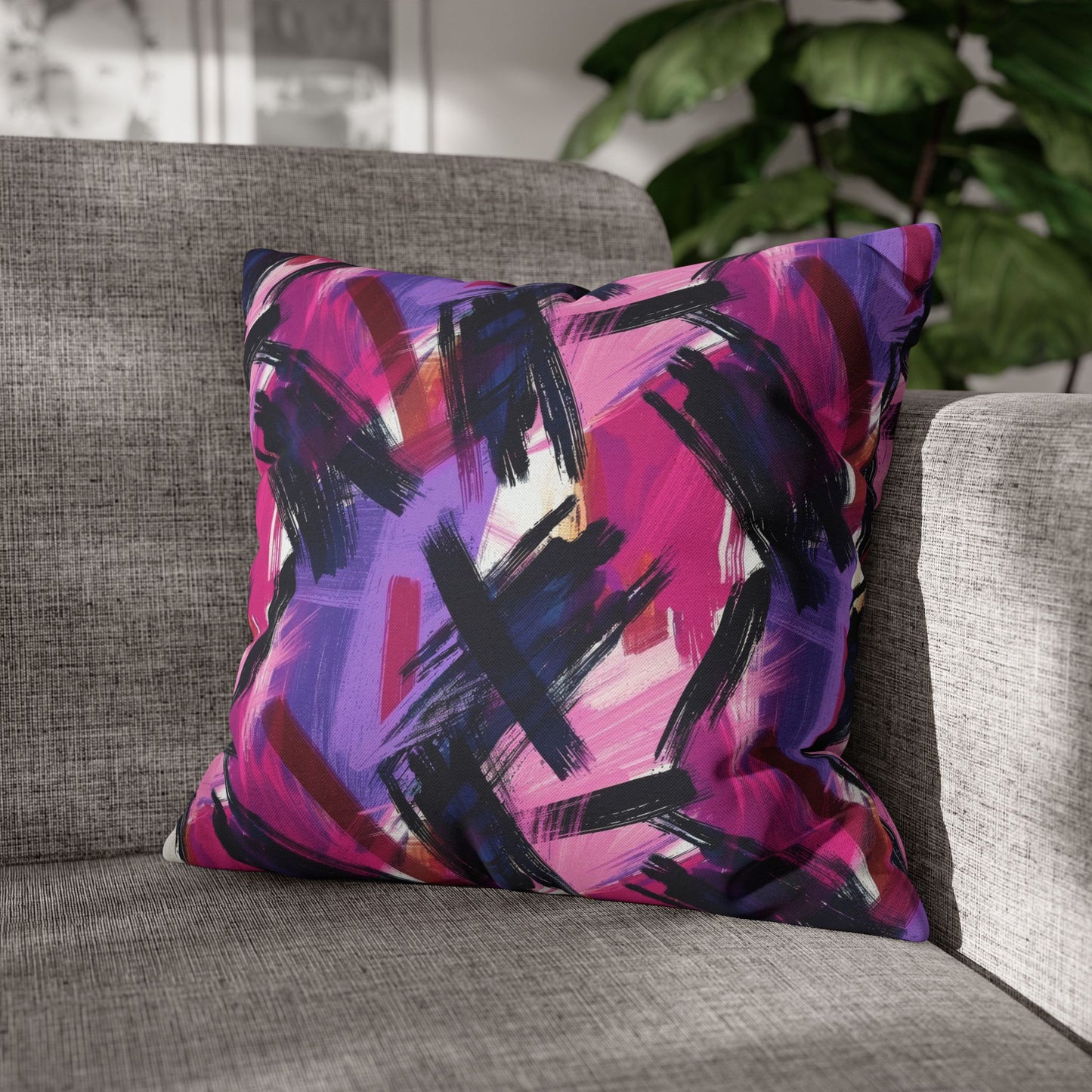 Vibrant Rebellion Brush Strokes in Hot Pink and Cool Purple on a Moody, Dark Background Spun Polyester Square Pillowcase 4 Sizes