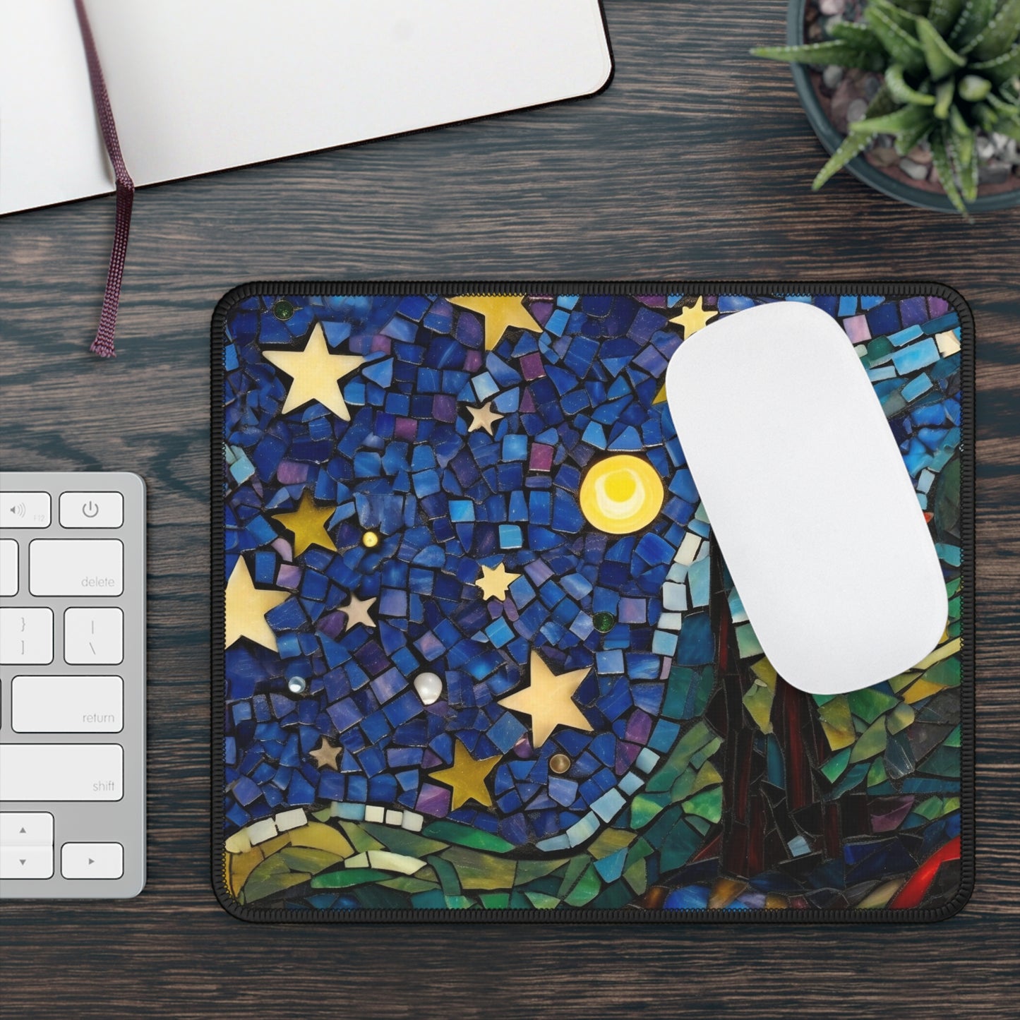 Starry Sky Nighttime Stain Glass Print Gaming Mouse Pad with Finished Edges